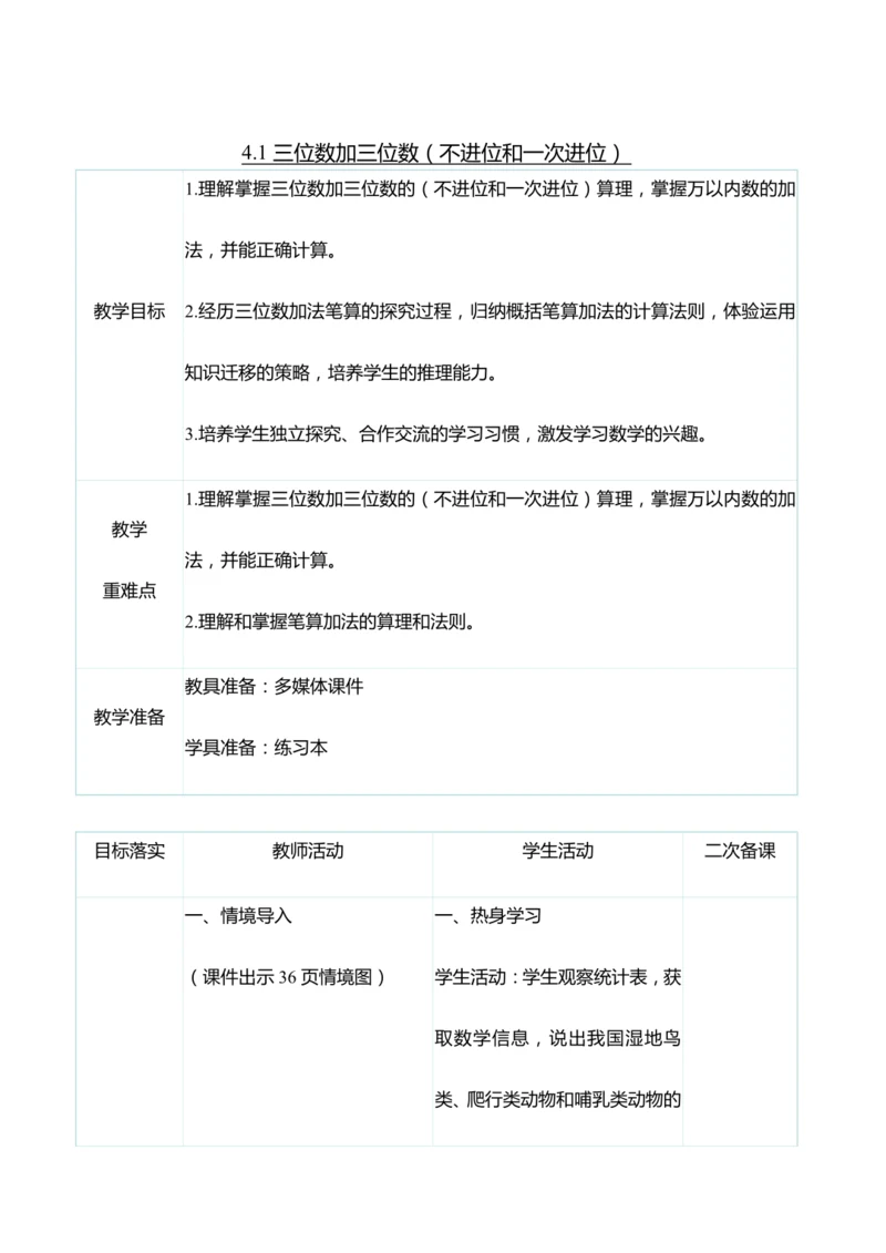 （大单元整体教学）4.1三位数加三位数（不进位和一次进位）（表格式）教学设计