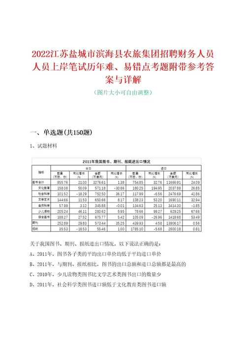 2022江苏盐城市滨海县农旅集团招聘财务人员人员上岸笔试历年难、易错点考题附带参考答案与详解0