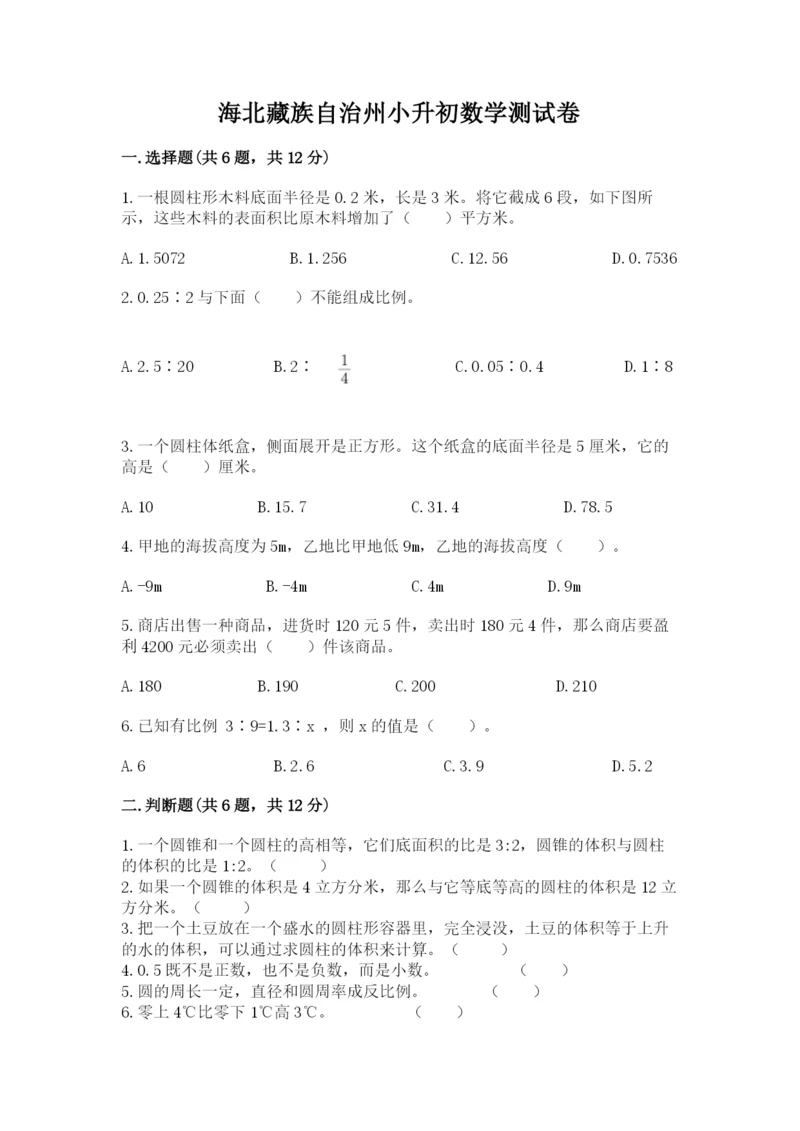 海北藏族自治州小升初数学测试卷及完整答案一套.docx