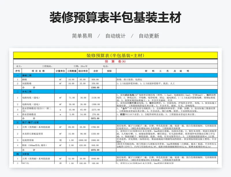 装修预算表半包基装主材