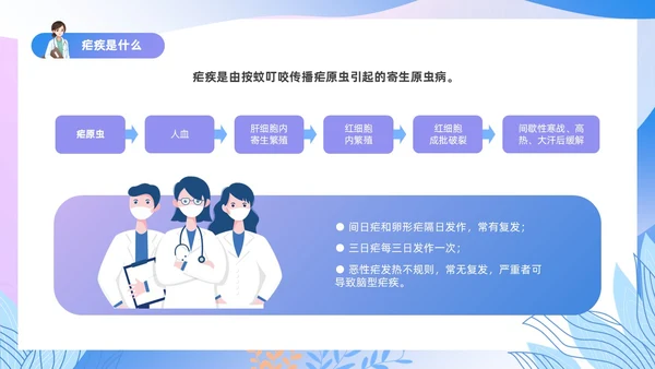 渐变色扁平风插画医疗疟疾知识科普PPT
