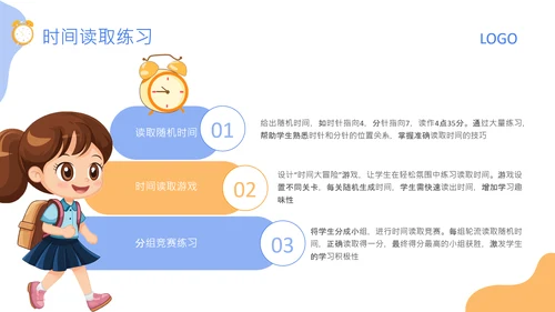 蓝色卡通风格钟表与24小时的认知PPT