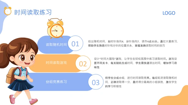 蓝色卡通风格钟表与24小时的认知PPT