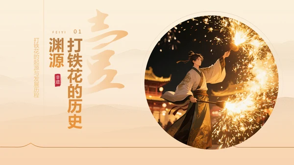 黄色中国风打铁花非遗文化介绍PPT模板