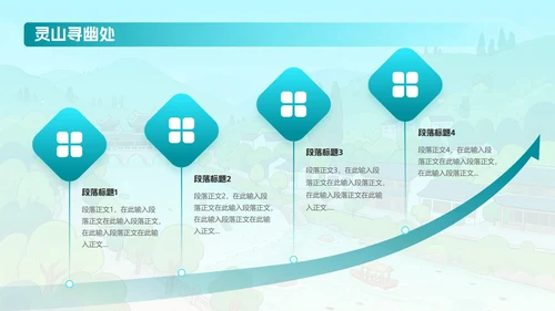 蓝绿色卡通插画可爱都江堰旅游攻略PPT模板