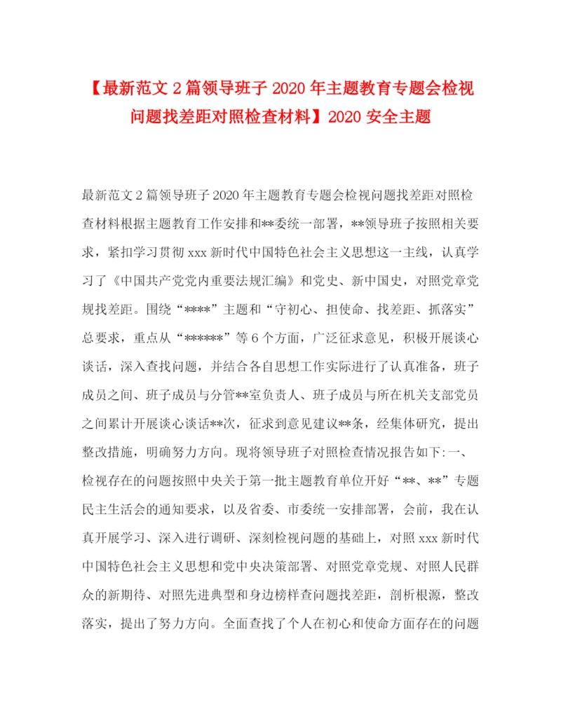 精编之【范文2篇领导班子年主题教育专题会检视问题找差距对照检查材料】安全主题.docx