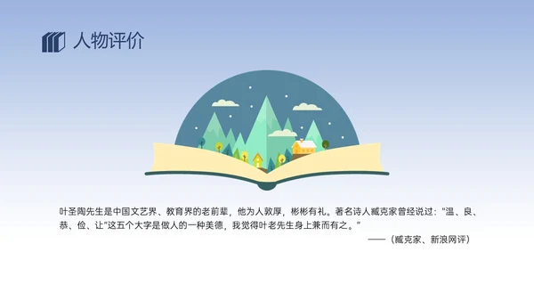 蓝色简约插画人物介绍叶圣陶生平简介PPT模板