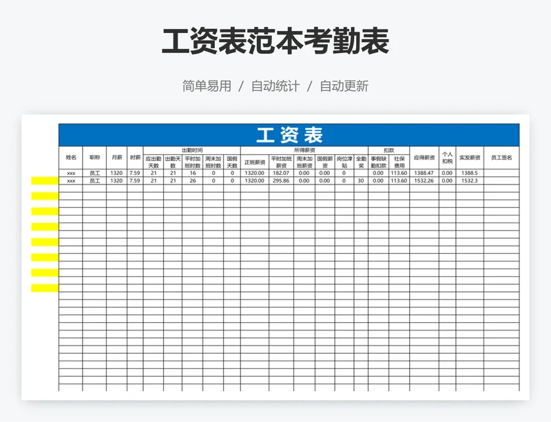 工资表范本考勤表