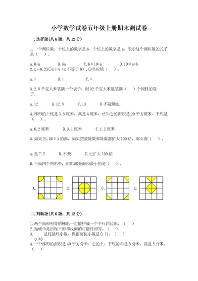 小学数学试卷五年级上册期末测试卷含答案突破训练