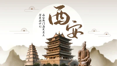 橙色复古风西安热门历史景点深度游计划PPT模板