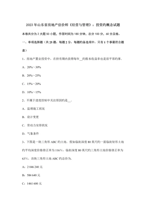 2023年山东省房地产估价师经营与管理投资的概念试题.docx