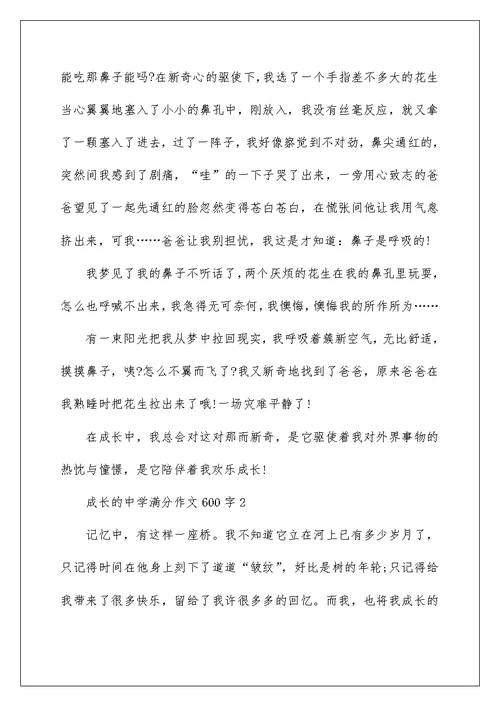 成长的高中满分作文600字5篇