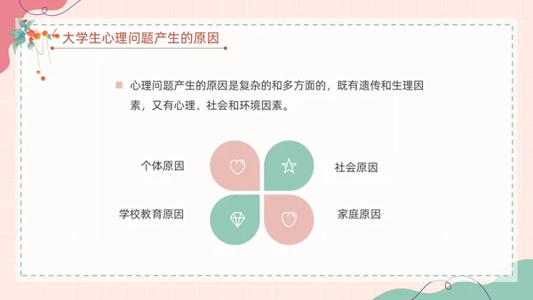 粉色扁平卡通大脑心情插画简约花卉大学生心理健康主题班会PPT