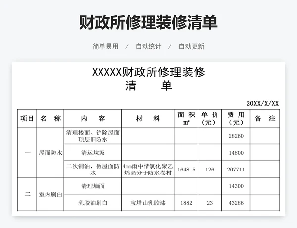 财政所修理装修清单