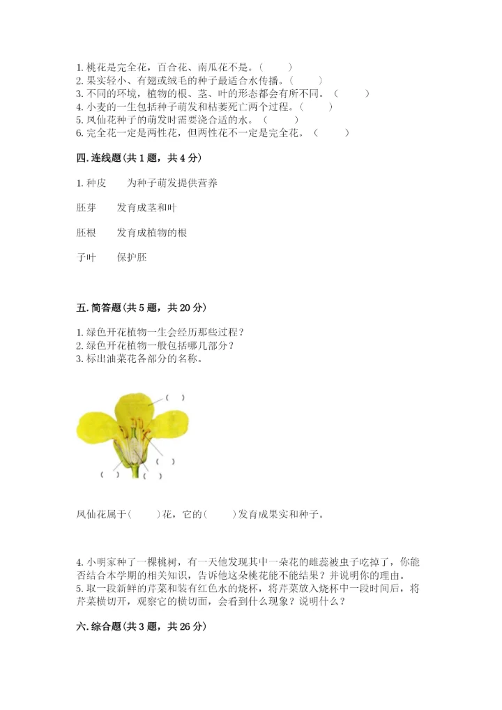 教科版四年级下册科学第一单元《植物的生长变化》测试卷含答案（最新）.docx