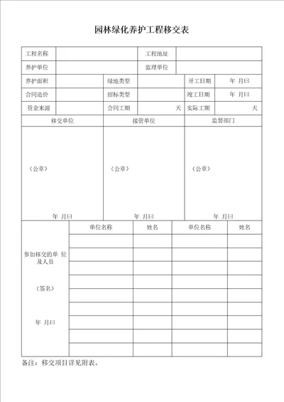 园林绿化养护工程移交表管养移交