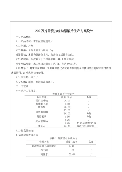 200万片雷贝拉唑钠肠溶片生产方案设计.docx