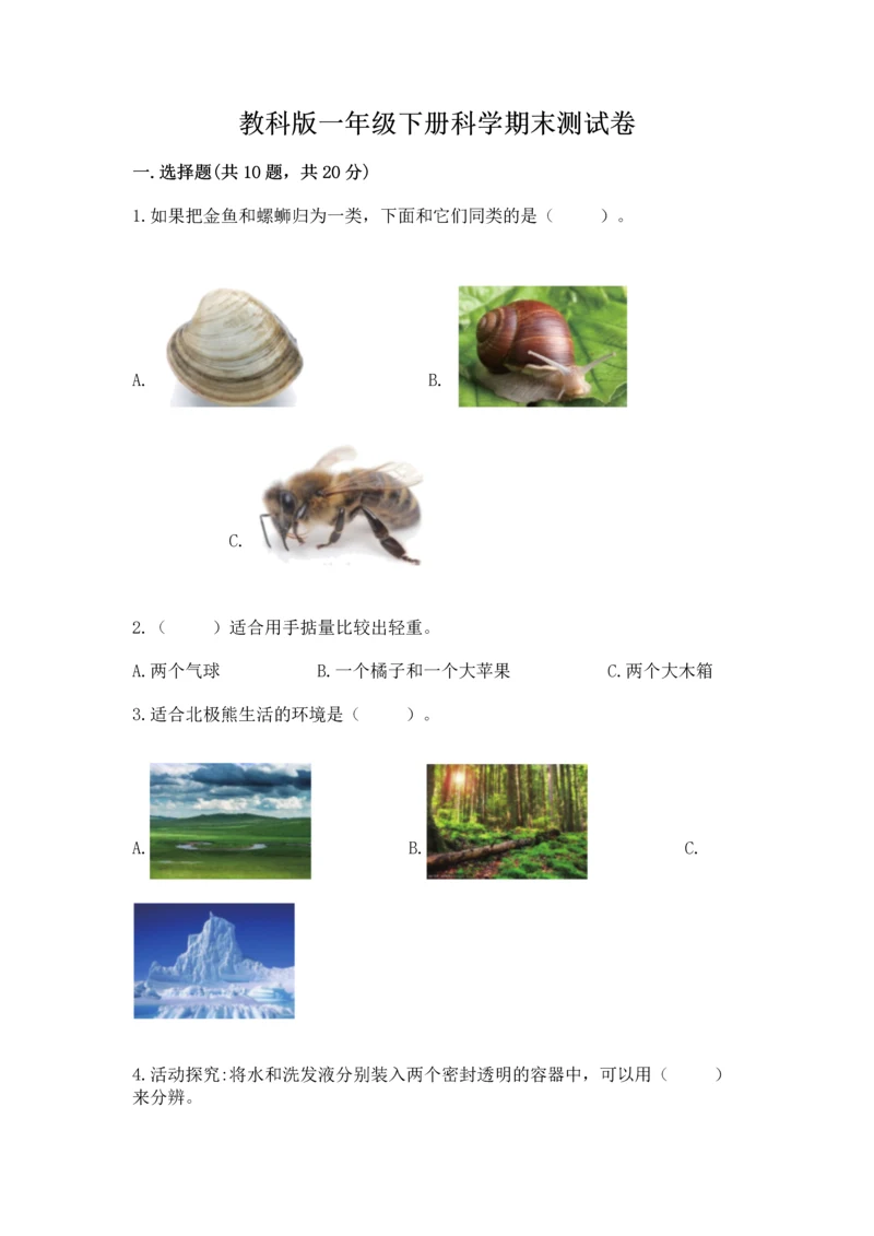 教科版一年级下册科学期末测试卷（全优）.docx