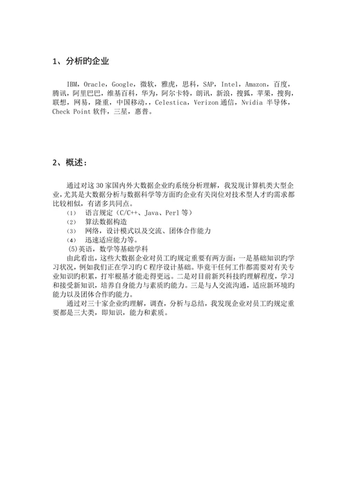 计算机科学导论期末论文各个公司对计算机岗位员工综合能力要求的异同