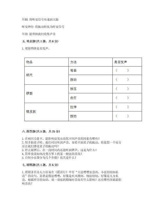 教科版科学四年级上册第一单元声音测试卷附答案（夺分金卷）