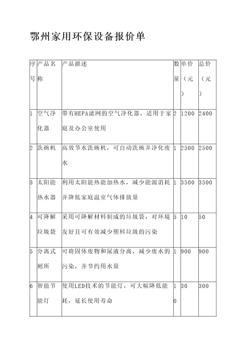 鄂州家用环保设备报价单