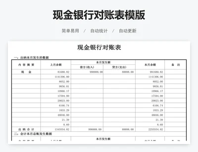 现金银行对账表模版