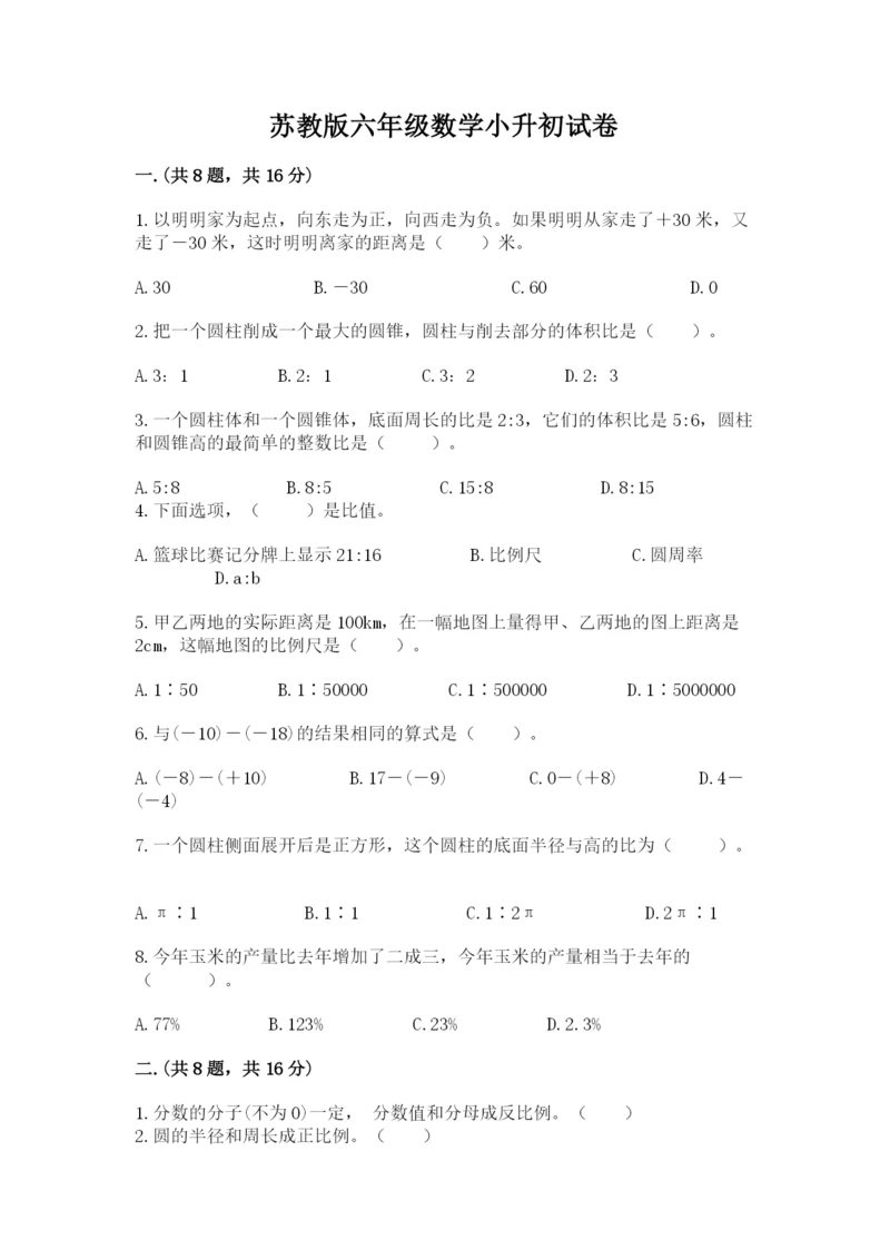 苏教版六年级数学小升初试卷ab卷.docx