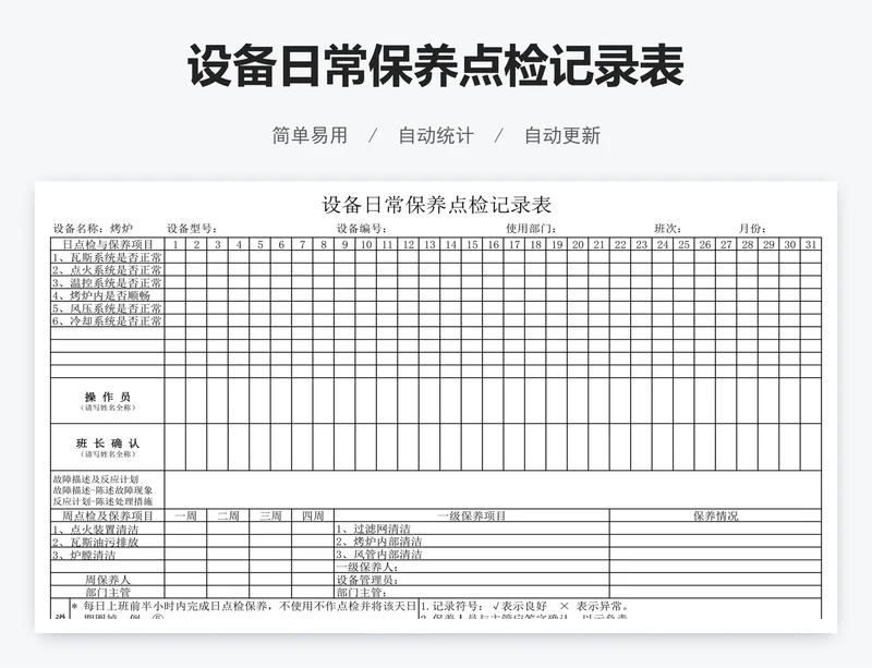 设备日常保养点检记录表