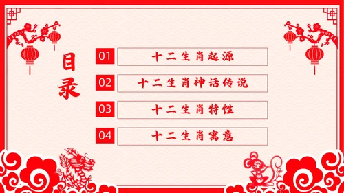 红色剪纸风十二生肖主题班会中国传统文化