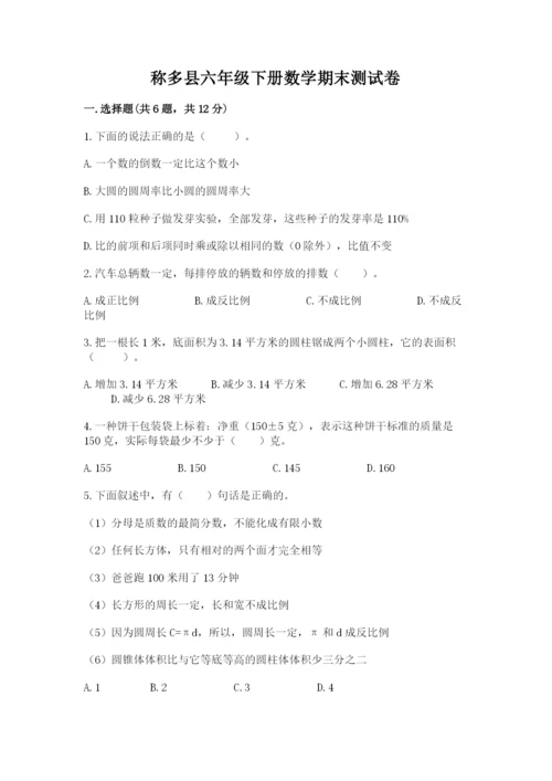 称多县六年级下册数学期末测试卷（考试直接用）.docx