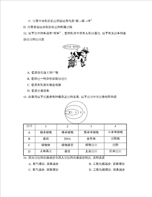 山东省德州市初中毕业考试初中生物