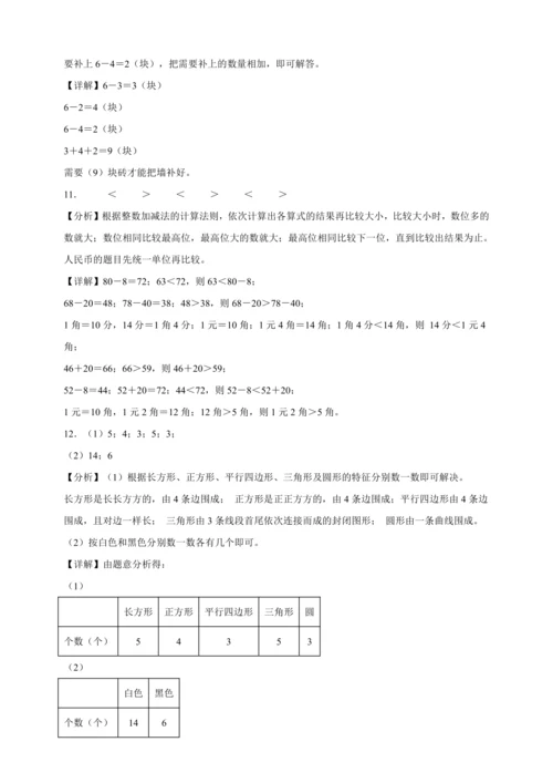 暑假查漏补缺检测卷（含答案）2023-2024学年数学一年级下册人教版