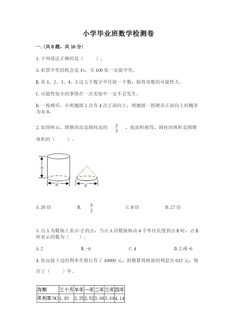 小学毕业班数学检测卷附参考答案【培优】.docx