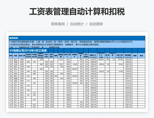 工资表管理自动计算和扣税