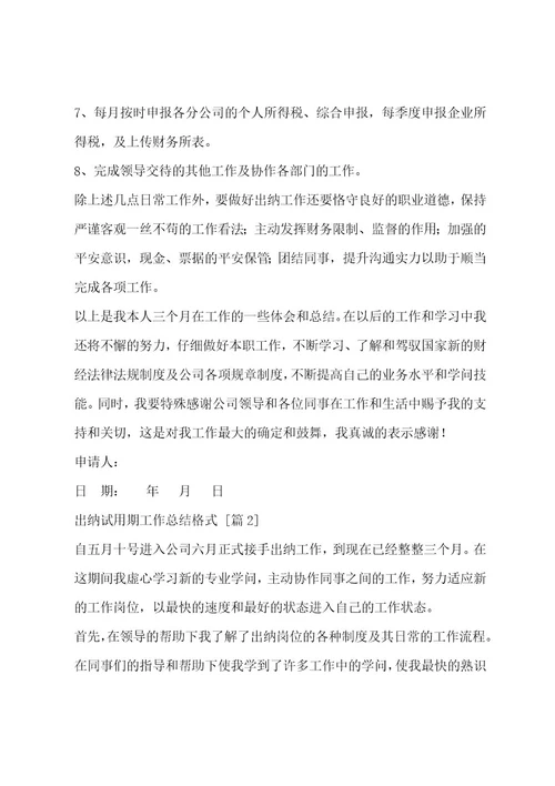 出纳试用期工作总结格式