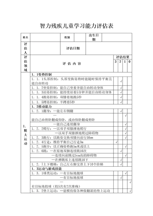 智力残疾儿童学习能力评估表