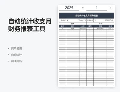 自动统计收支月财务报表工具