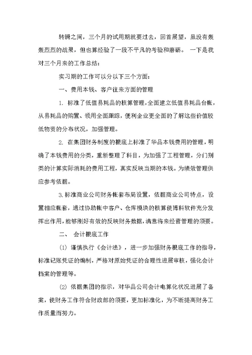 会计岗位试用期工作总结范文
