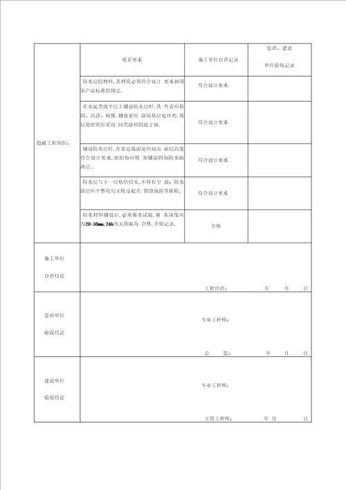 卫生间防水隐蔽工程验收记录簿