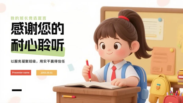 可爱活泼3D卡通风小学生班长竞选PPT模板