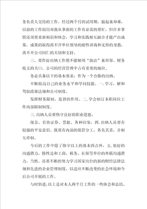 2022出纳试用期述职报告