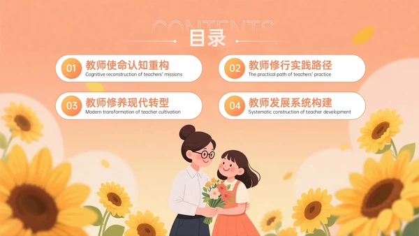 橙黄色插画风关于新时代教师的使命与修行教师节PPT模板