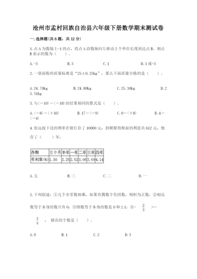 沧州市孟村回族自治县六年级下册数学期末测试卷加精品答案.docx