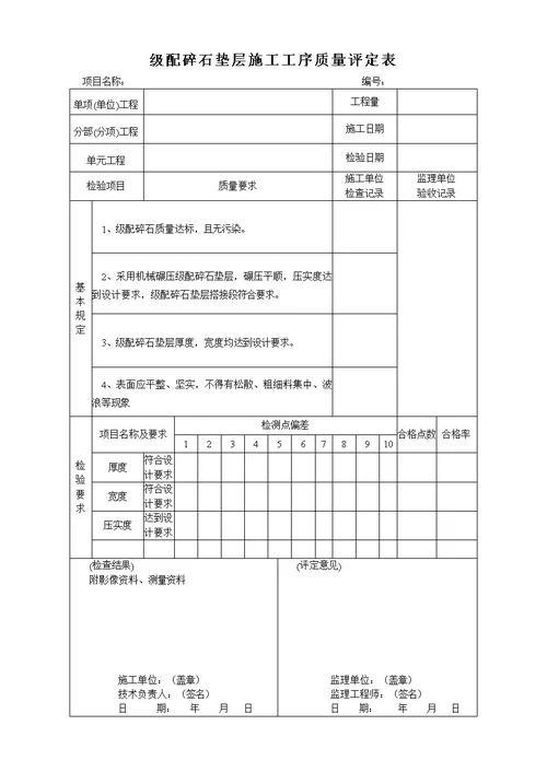 级配碎石垫层施工工序质量评定表