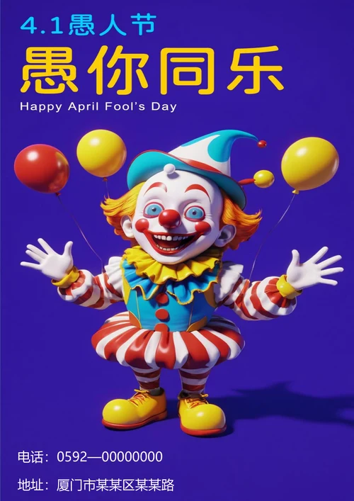 3d风小丑愚你同乐愚人节海报