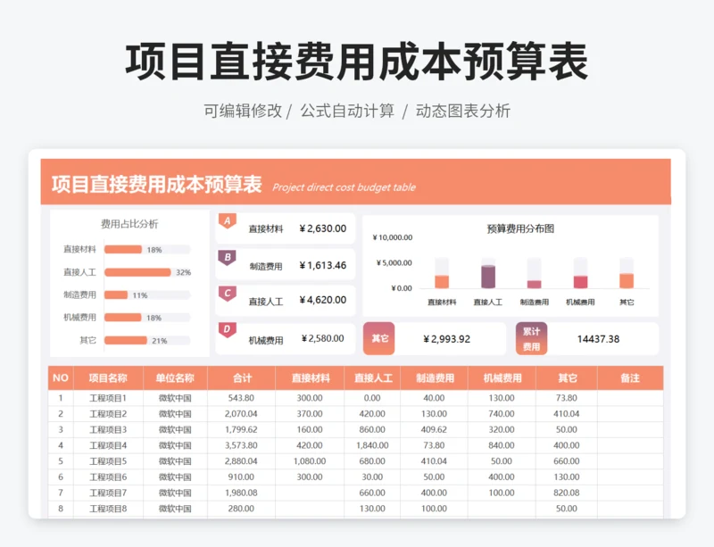 项目直接费用成本预算表
