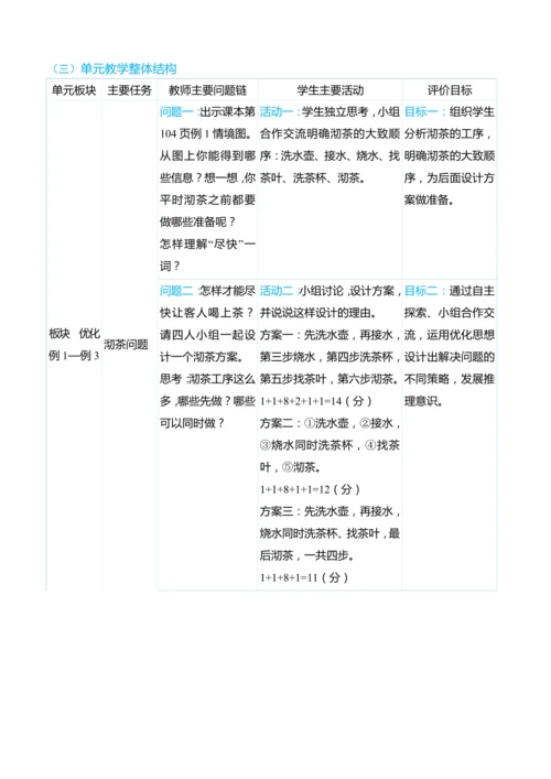 （大单元整体教学）第八单元 数学广角——优化 单元分析（表格式）教学设计 人教版 四年级上册数学
