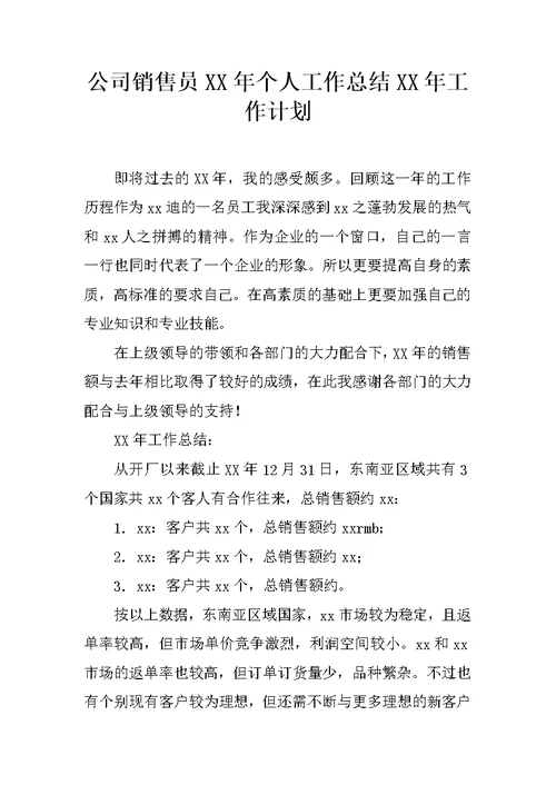 公司销售员XX年个人工作总结XX年工作计划