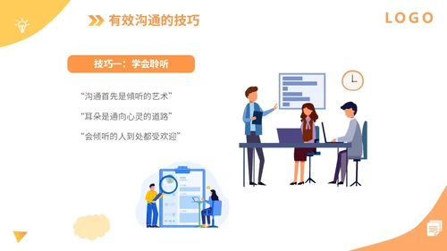 橙色扁平插画企业公司商务办公人物有效沟通技巧培训模板