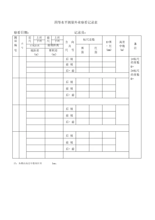 四等水准测量外业观测记录表和内业计算表